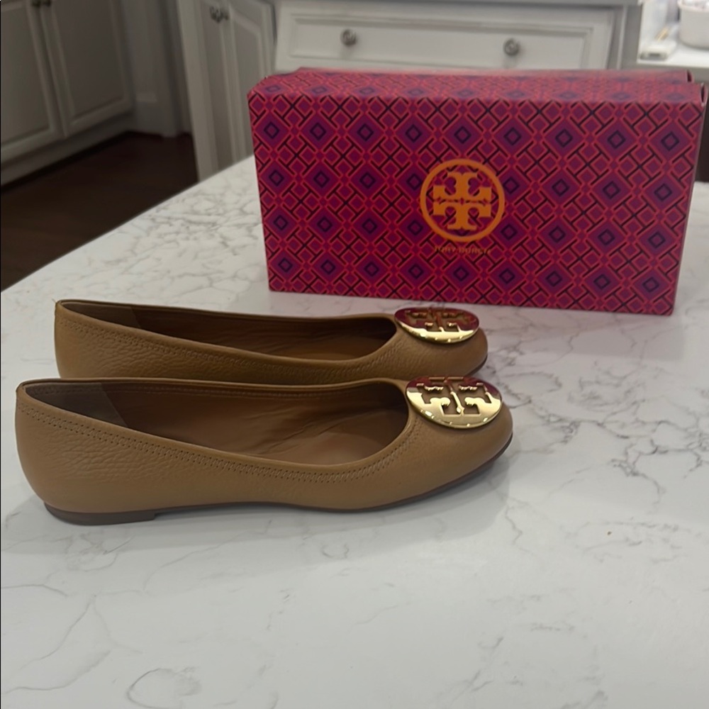 Tory Burch Tan Gold Flats with Elegant Embellishments